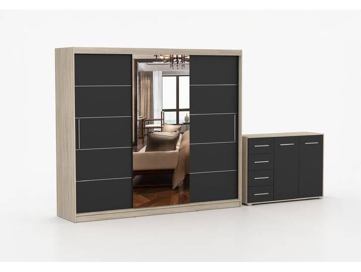 Schwebetürenschrank und Kommode 2er-Set ALBA I/FRIDA 01 Sonoma Eiche Schwarz + Spiegel Schwebetürenschrank und Kommode 2er-Set ALBA I/FRIDA 01 Sonoma Eiche Schwarz + Spiegel von imoebel24