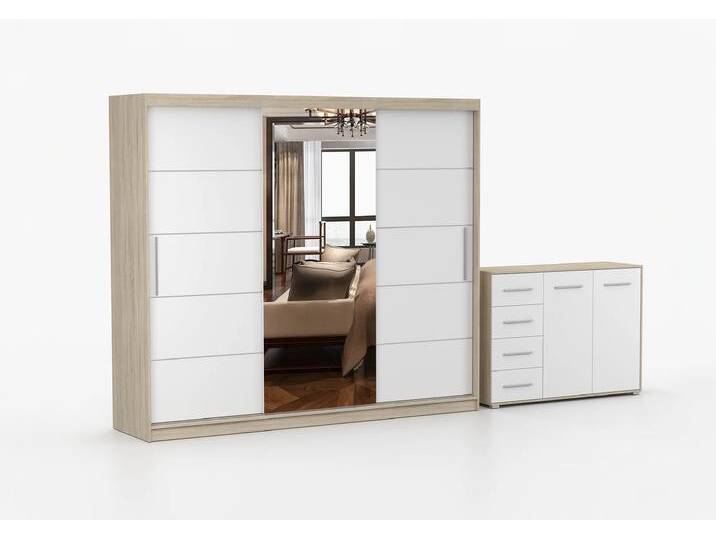 Schwebetürenschrank und Kommode 2er-Set ALBA I/FRIDA 01 Sonoma Eiche Weiß + Spiegel Schwebetürenschrank und Kommode 2er-Set ALBA I/FRIDA 01 Sonoma Eiche Weiß + Spiegel von imoebel24