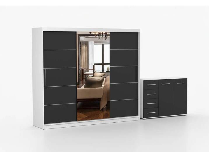 Schwebetürenschrank und Kommode 2er-Set ALBA I/FRIDA 01 Weiß Schwarz + Spiegel Schwebetürenschrank und Kommode 2er-Set ALBA I/FRIDA 01 Weiß Schwarz + Spiegel von imoebel24