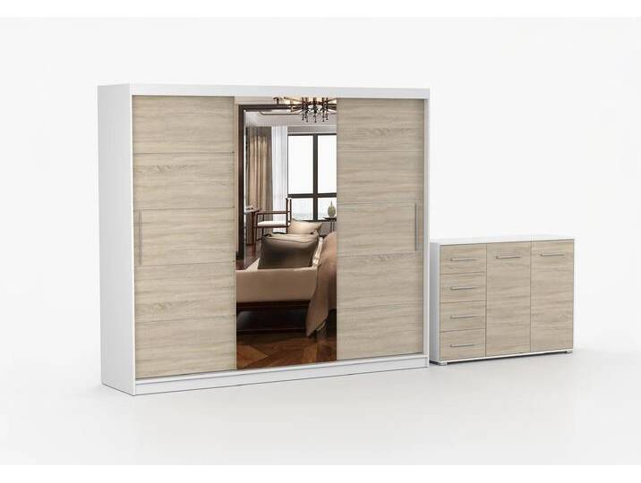 Schwebetürenschrank und Kommode 2er-Set ALBA I/FRIDA 01 Weiß Sonoma Eiche + Spiegel Schwebetürenschrank und Kommode 2er-Set ALBA I/FRIDA 01 Weiß Sonoma Eiche + Spiegel von imoebel24