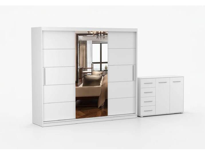 Schwebetürenschrank und Kommode 2er-Set ALBA I/FRIDA 01 Weiß Weiß + Spiegel Schwebetürenschrank und Kommode 2er-Set ALBA I/FRIDA 01 Weiß Weiß + Spiegel von imoebel24