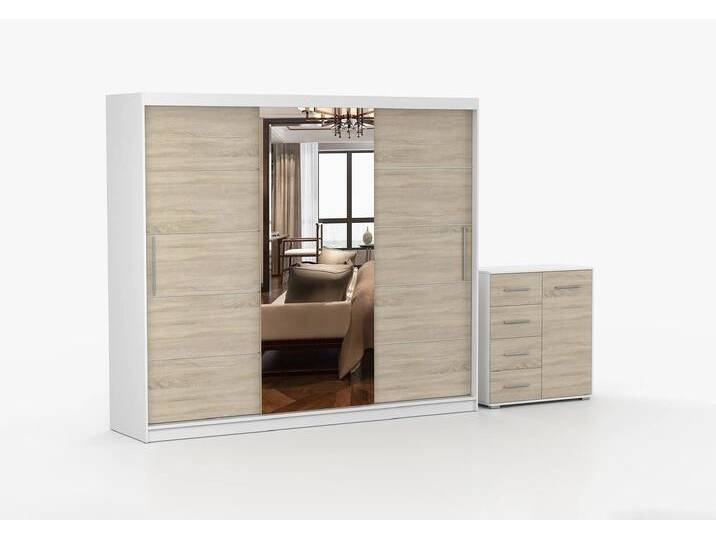 Schwebetürenschrank und Kommode 2er-Set ALBA I/FRIDA MINI 01 Weiß Sonoma Eiche + Spiegel von imoebel24