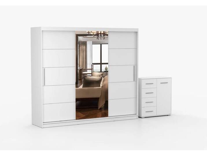 Schwebetürenschrank und Kommode 2er-Set ALBA I/FRIDA MINI 01 Weiß Weiß + Spiegel von imoebel24