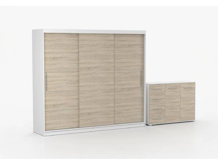 Schwebetürenschrank und Kommode 2er-Set ALBA II/FRIDA 01 Weiß Sonoma Eiche von imoebel24