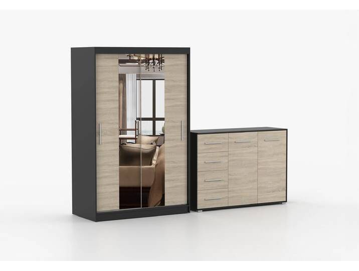 Schwebetürenschrank und Kommode 2er-Set NEOMI 01/FRIDA 01 Schwarz Sonoma Eiche + Spiegel Schwebetürenschrank und Kommode 2er-Set NEOMI 01/FRIDA 01 Schwarz Sonoma Eiche + Spiegel von imoebel24