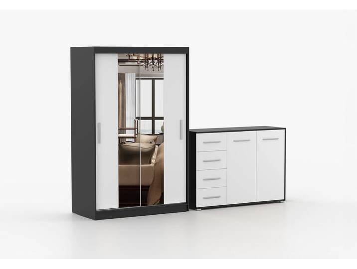 Schwebetürenschrank und Kommode 2er-Set NEOMI 01/FRIDA 01 Schwarz Weiß + Spiegel Schwebetürenschrank und Kommode 2er-Set NEOMI 01/FRIDA 01 Schwarz Weiß + Spiegel von imoebel24