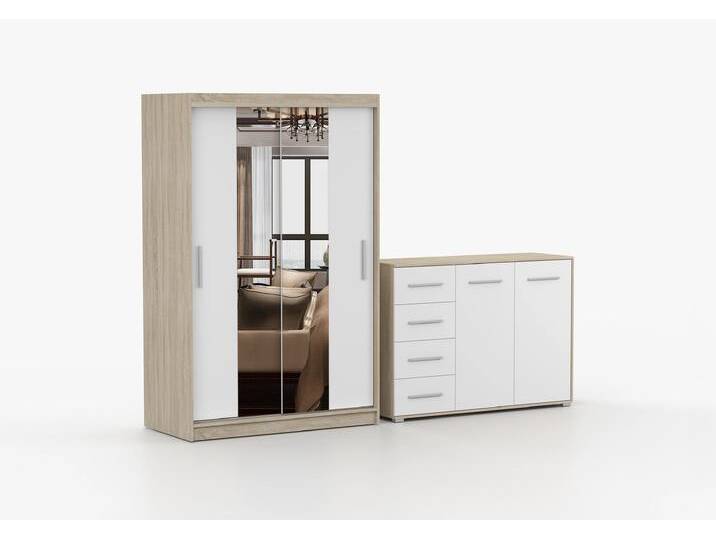 Schwebetürenschrank und Kommode 2er-Set NEOMI 01/FRIDA 01 Sonoma Eiche Weiß + Spiegel Schwebetürenschrank und Kommode 2er-Set NEOMI 01/FRIDA 01 Sonoma Eiche Weiß + Spiegel von imoebel24