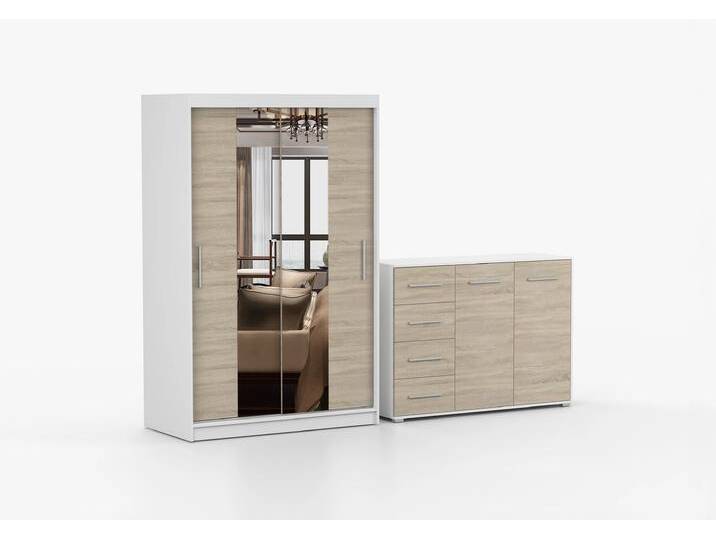 Schwebetürenschrank und Kommode 2er-Set NEOMI 01/FRIDA 01 Weiß Sonoma Eiche + Spiegel Schwebetürenschrank und Kommode 2er-Set NEOMI 01/FRIDA 01 Weiß Sonoma Eiche + Spiegel von imoebel24