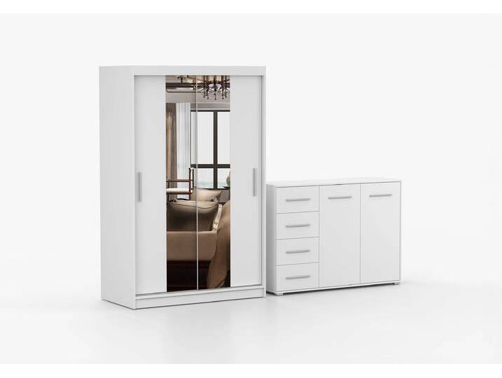 Schwebetürenschrank und Kommode 2er-Set NEOMI 01/FRIDA 01 Weiß Weiß + Spiegel Schwebetürenschrank und Kommode 2er-Set NEOMI 01/FRIDA 01 Weiß Weiß + Spiegel von imoebel24