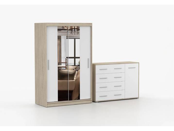 Schwebetürenschrank und Kommode 2er-Set NEOMI 01/FRIDA 02 Sonoma Eiche Weiß Schwebetürenschrank und Kommode 2er-Set NEOMI 01/FRIDA 02 Sonoma Eiche Weiß von imoebel24