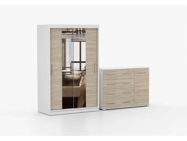 Schwebetürenschrank und Kommode 2er-Set NEOMI 01/FRIDA 02 Weiß Sonoma Eiche von imoebel24