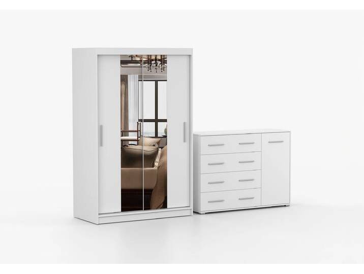 Schwebetürenschrank und Kommode 2er-Set NEOMI 01/FRIDA 02 Weiß Weiß von imoebel24