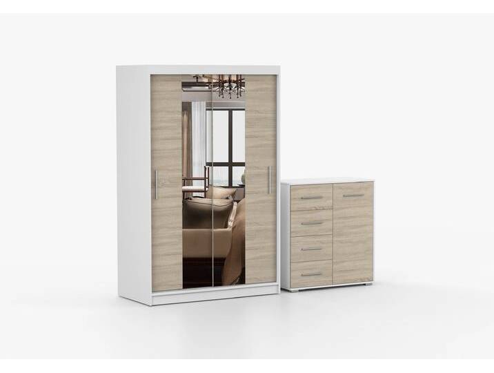 Schwebetürenschrank und Kommode 2er-Set NEOMI 01/FRIDA MINI 01 Weiß Sonoma Eiche von imoebel24