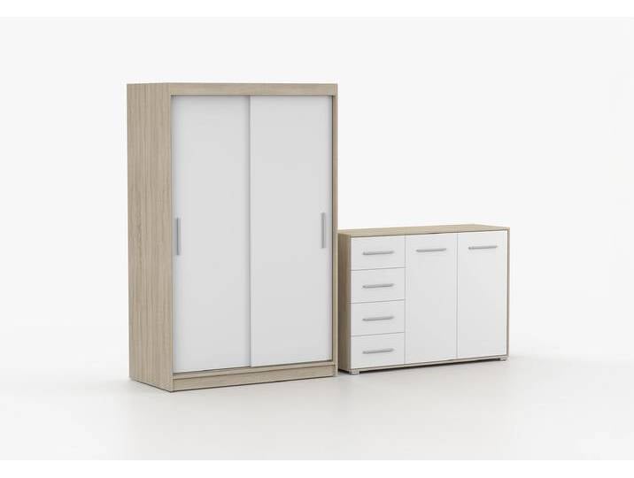 Schwebetürenschrank und Kommode 2er-Set NEOMI 04/FRIDA 01 Sonoma Eiche Weiß von imoebel24
