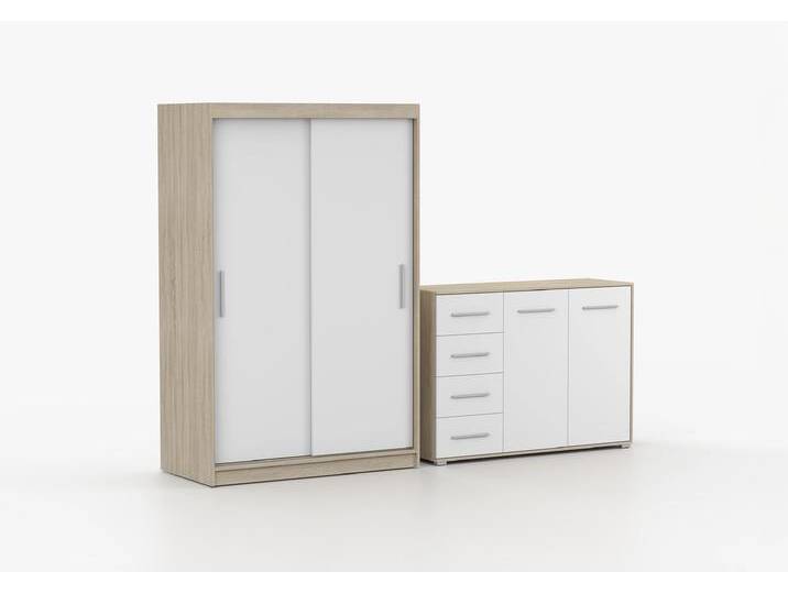 Schwebetürenschrank und Kommode 2er-Set NEOMI 04/FRIDA 01 Sonoma Eiche Weiß Schwebetürenschrank und Kommode 2er-Set NEOMI 04/FRIDA 01 Sonoma Eiche Weiß von imoebel24