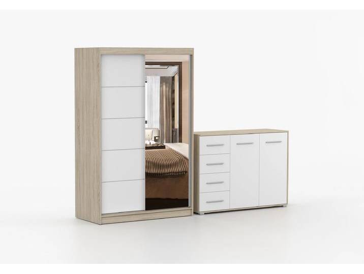 Schwebetürenschrank und Kommode 2er-Set NEOMI 05/FRIDA 01 Sonoma Eiche Weiß + Spiegel Schwebetürenschrank und Kommode 2er-Set NEOMI 05/FRIDA 01 Sonoma Eiche Weiß + Spiegel von imoebel24