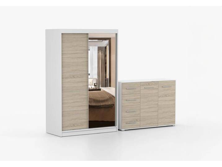 Schwebetürenschrank und Kommode 2er-Set NEOMI 05/FRIDA 01 Weiß Sonoma Eiche + Spiegel Schwebetürenschrank und Kommode 2er-Set NEOMI 05/FRIDA 01 Weiß Sonoma Eiche + Spiegel von imoebel24