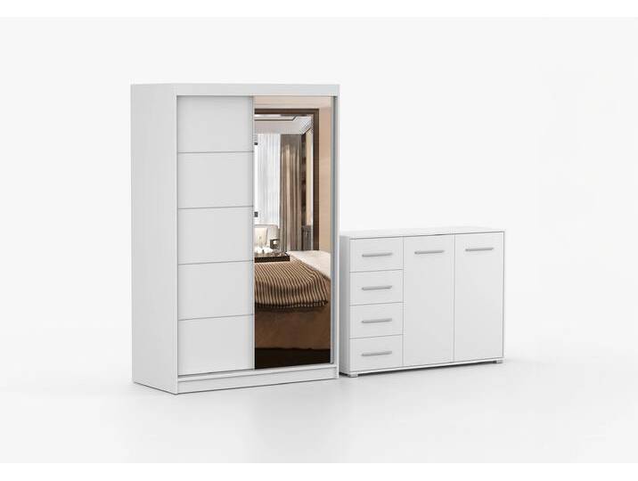 Schwebetürenschrank und Kommode 2er-Set NEOMI 05/FRIDA 01 Weiß Weiß + Spiegel Schwebetürenschrank und Kommode 2er-Set NEOMI 05/FRIDA 01 Weiß Weiß + Spiegel von imoebel24