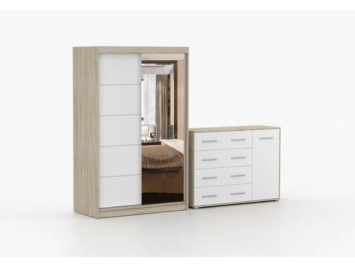 Schwebetürenschrank und Kommode 2er-Set NEOMI 05/FRIDA 02 Sonoma Eiche Weiß + Spiegel Schwebetürenschrank und Kommode 2er-Set NEOMI 05/FRIDA 02 Sonoma Eiche Weiß + Spiegel von imoebel24