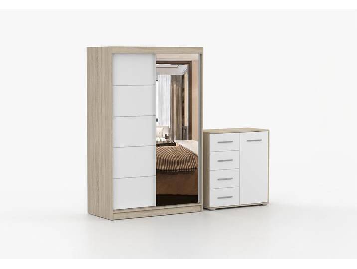 Schwebetürenschrank und Kommode 2er-Set NEOMI 05/FRIDA MINI 01 Sonoma Eiche Weiß + Spiegel Schwebetürenschrank und Kommode 2er-Set NEOMI 05/FRIDA MINI 01 Sonoma Eiche Weiß + Spiegel von imoebel24