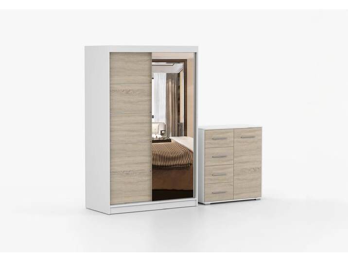 Schwebetürenschrank und Kommode 2er-Set NEOMI 05/FRIDA MINI 01 Weiß Sonoma Eiche + Spiegel Schwebetürenschrank und Kommode 2er-Set NEOMI 05/FRIDA MINI 01 Weiß Sonoma Eiche + Spiegel von imoebel24