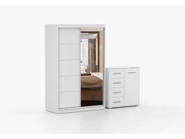 Schwebetürenschrank und Kommode 2er-Set NEOMI 05/FRIDA MINI 01 Weiß Weiß + Spiegel Schwebetürenschrank und Kommode 2er-Set NEOMI 05/FRIDA MINI 01 Weiß Weiß + Spiegel von imoebel24