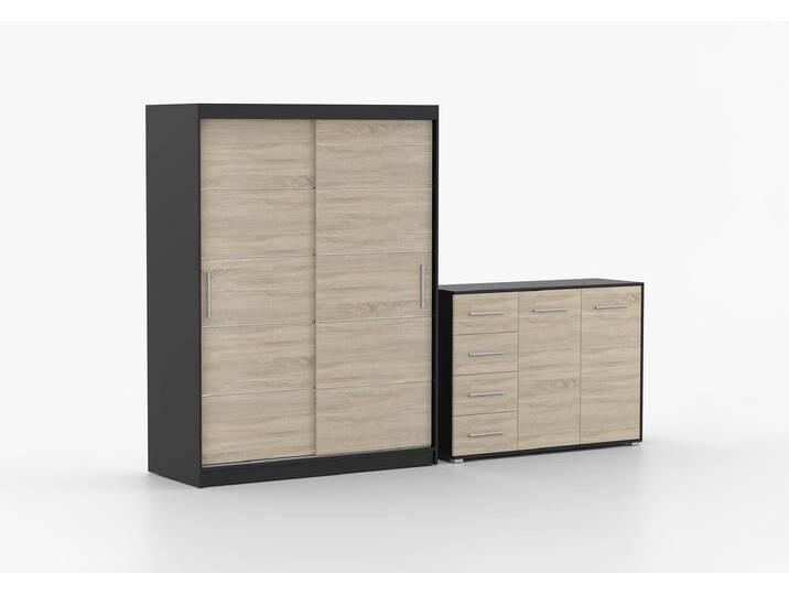Schwebetürenschrank und Kommode 2er-Set NEOMI 06/FRIDA 01 Schwarz Sonoma Eiche von imoebel24