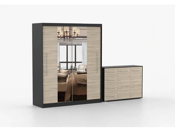Schwebetürenschrank und Kommode 2er-Set TORINO I/FRIDA 01 Schwarz Sonoma Eiche + Spiegel Schwebetürenschrank und Kommode 2er-Set TORINO I/FRIDA 01 Schwarz Sonoma Eiche + Spiegel von imoebel24