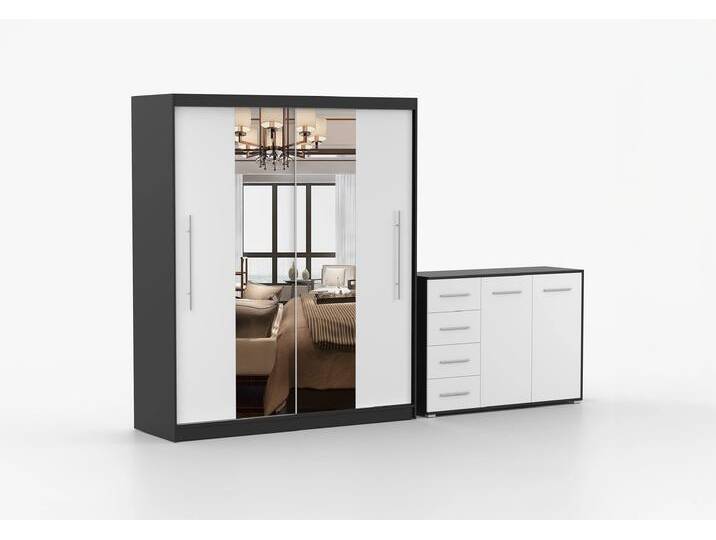 Schwebetürenschrank und Kommode 2er-Set TORINO I/FRIDA 01 Schwarz Weiß + Spiegel Schwebetürenschrank und Kommode 2er-Set TORINO I/FRIDA 01 Schwarz Weiß + Spiegel von imoebel24