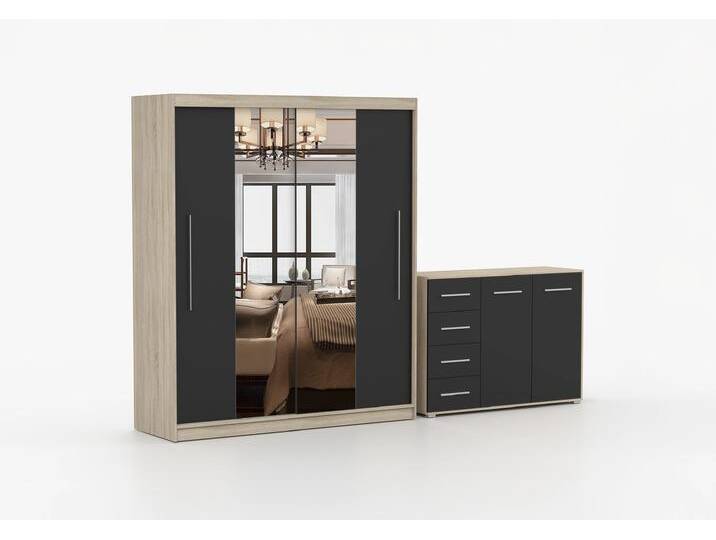 Schwebetürenschrank und Kommode 2er-Set TORINO I/FRIDA 01 Sonoma Eiche Schwarz + Spiegel Schwebetürenschrank und Kommode 2er-Set TORINO I/FRIDA 01 Sonoma Eiche Schwarz + Spiegel von imoebel24