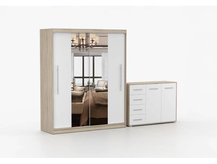 Schwebetürenschrank und Kommode 2er-Set TORINO I/FRIDA 01 Sonoma Eiche Weiß + Spiegel Schwebetürenschrank und Kommode 2er-Set TORINO I/FRIDA 01 Sonoma Eiche Weiß + Spiegel von imoebel24