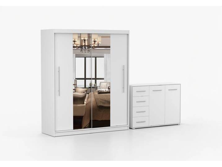 Schwebetürenschrank und Kommode 2er-Set TORINO I/FRIDA 01 Weiß Weiß + Spiegel von imoebel24
