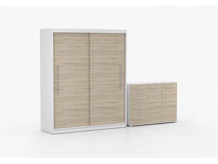 Schwebetürenschrank und Kommode 2er-Set TORINO II/FRIDA 01 Weiß Sonoma Eiche von imoebel24