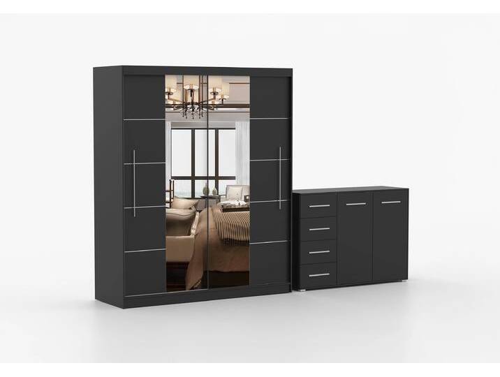 Schwebetürenschrank und Kommode 2er-Set TORINO III/FRIDA 01 Schwarz Schwarz + Spiegel Schwebetürenschrank und Kommode 2er-Set TORINO III/FRIDA 01 Schwarz Schwarz + Spiegel von imoebel24