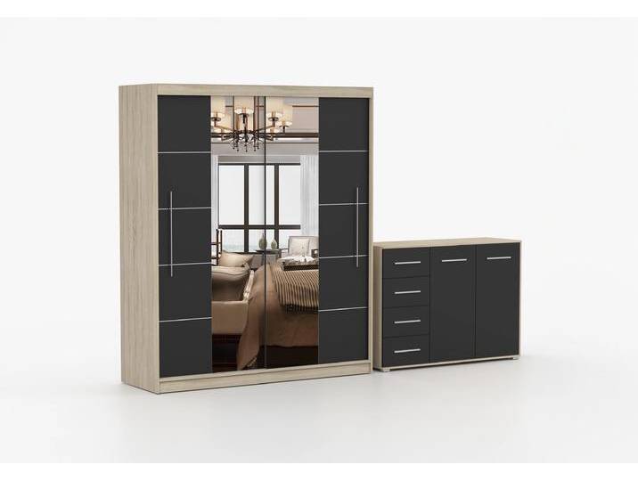 Schwebetürenschrank und Kommode 2er-Set TORINO III/FRIDA 01 Sonoma Eiche Schwarz + Spiegel Schwebetürenschrank und Kommode 2er-Set TORINO III/FRIDA 01 Sonoma Eiche Schwarz + Spiegel von imoebel24