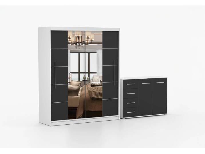 Schwebetürenschrank und Kommode 2er-Set TORINO III/FRIDA 01 Weiß Schwarz + Spiegel Schwebetürenschrank und Kommode 2er-Set TORINO III/FRIDA 01 Weiß Schwarz + Spiegel von imoebel24