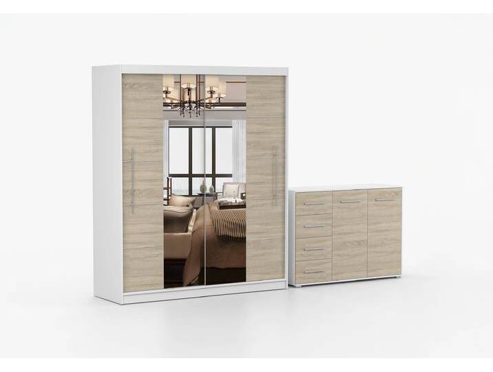 Schwebetürenschrank und Kommode 2er-Set TORINO III/FRIDA 01 Weiß Sonoma Eiche + Spiegel Schwebetürenschrank und Kommode 2er-Set TORINO III/FRIDA 01 Weiß Sonoma Eiche + Spiegel von imoebel24