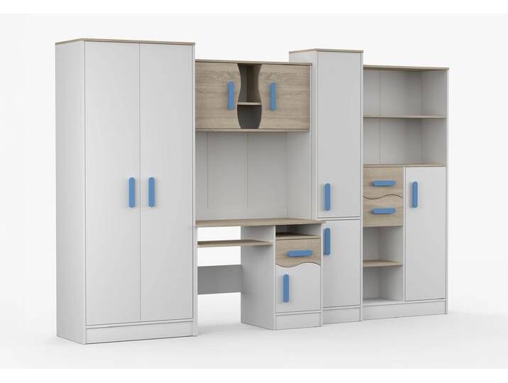 Wohnwand MARKUS 300 cm Weiß Weiß + Sonoma Eiche Blau von imoebel24