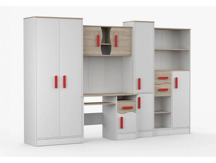 Wohnwand MARKUS 300 cm Weiß Weiß + Sonoma Eiche Rot Wohnwand MARKUS 300 cm Weiß Weiß + Sonoma Eiche Rot von imoebel24