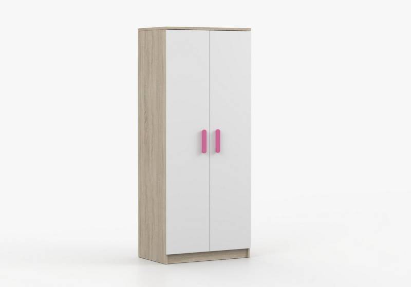imoebel24 Drehtürenschrank JONAS III 06 80 cm - Sonoma / Weiss - Rosa Griffe von imoebel24