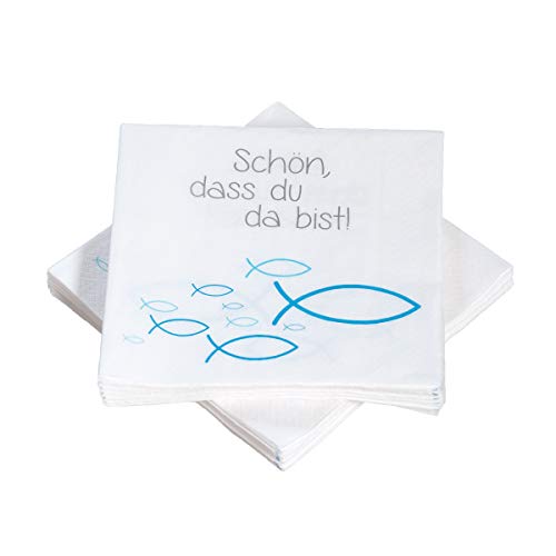 20 Servietten Fische Ichthys 'Schön, DASS du da bist!' 33x33 cm - blau türkis - für Kommunion, Taufe oder andere Festliche Anlässe… von in due