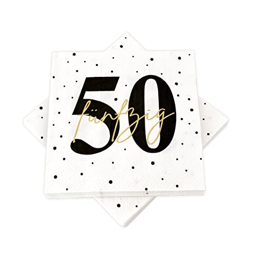 20 Servietten zum 50. Geburtstag 33x33 cm - weiß schwarz gold von in due