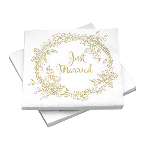 Hochzeitsservietten Just Married Blumenkranz weiß/gold - 33 x 33 cm (20 Servietten) von in due
