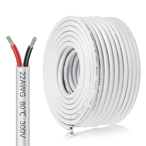 22AWG 2x0,3mm² 20Meter Elektrokabel 2-adrig Kabel, 5V/12V/24V Erdkabel Weiß Verzinnte Kupferkabel, 300V flexibel und weich Stromkabel hohe Temperaturbeständigkeit Verlängerungskabel 20m von inShareplus