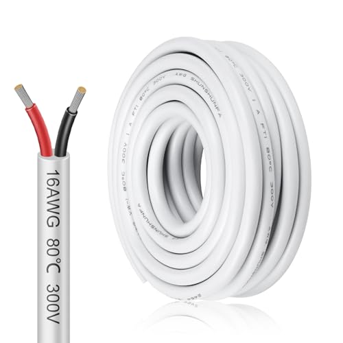 inShareplus Elektrisches Kabel, 2-adrig, 5 V/12 V/24 V, weiß, verzinnte Kupferdrähte, 16 Gauge, 300 V, flexibles und weiches Outdoor-Kabel, hochtemperaturbeständig, Verlängerungsdraht, 16 AWG (2 x 1,5 von inShareplus