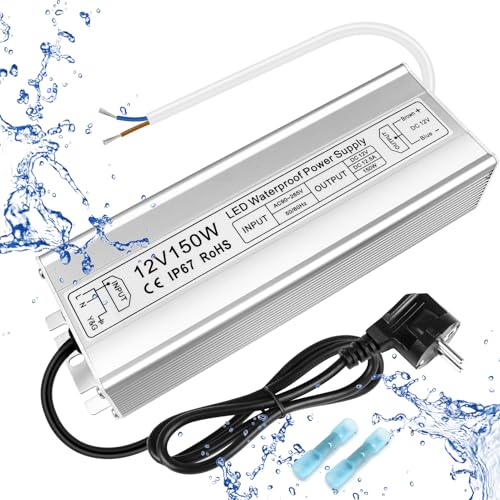 inShareplus LED Trafo 12V 12.5A 150W IP67 Wasserdichter Outdoor-Treiber, AC 90-265V zu DC 12 volt Niederspannungs-Transformator, 12V Netzteil für LED-Licht, Computerprojekt, Außeneinsatz von inShareplus