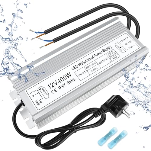 inShareplus LED Trafo 12V 33.3A 400W IP67 Wasserdichter Outdoor-Treiber, AC 170-265V zu DC 12 volt Niederspannungs-Transformator, 12V Netzteil für LED-Licht, Computerprojekt, Außeneinsatz von inShareplus