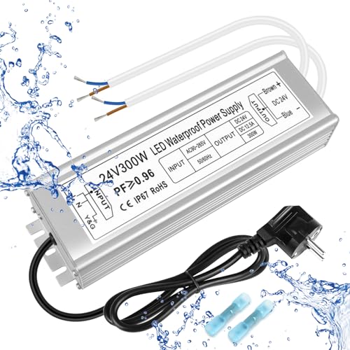 inShareplus LED Trafo 24V 12.5A 300W IP67 Wasserdichter Outdoor-Treiber, AC 90-265V zu DC 24 Volt Niederspannungs-Transformator, 24V Netzteil für LED-Licht, Computerprojekt, Außeneinsatz von inShareplus