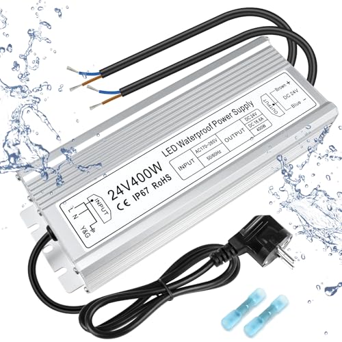 inShareplus LED Trafo 24V 16.6A 400W IP67 Wasserdichter Outdoor-Treiber, AC 170-265V zu DC 24 Volt Niederspannungs-Transformator, 24V Netzteil für LED-Licht, Computerprojekt, Außeneinsatz von inShareplus