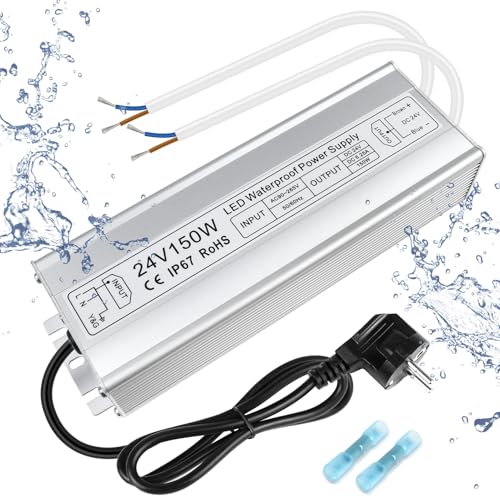 inShareplus LED Trafo 24V 6.25A 150W IP67 Wasserdichter Outdoor-Treiber, AC 90-265V zu DC 24 Volt Niederspannungs-Transformator, 24V Netzteil für LED-Licht, Computerprojekt, Außeneinsatz von inShareplus